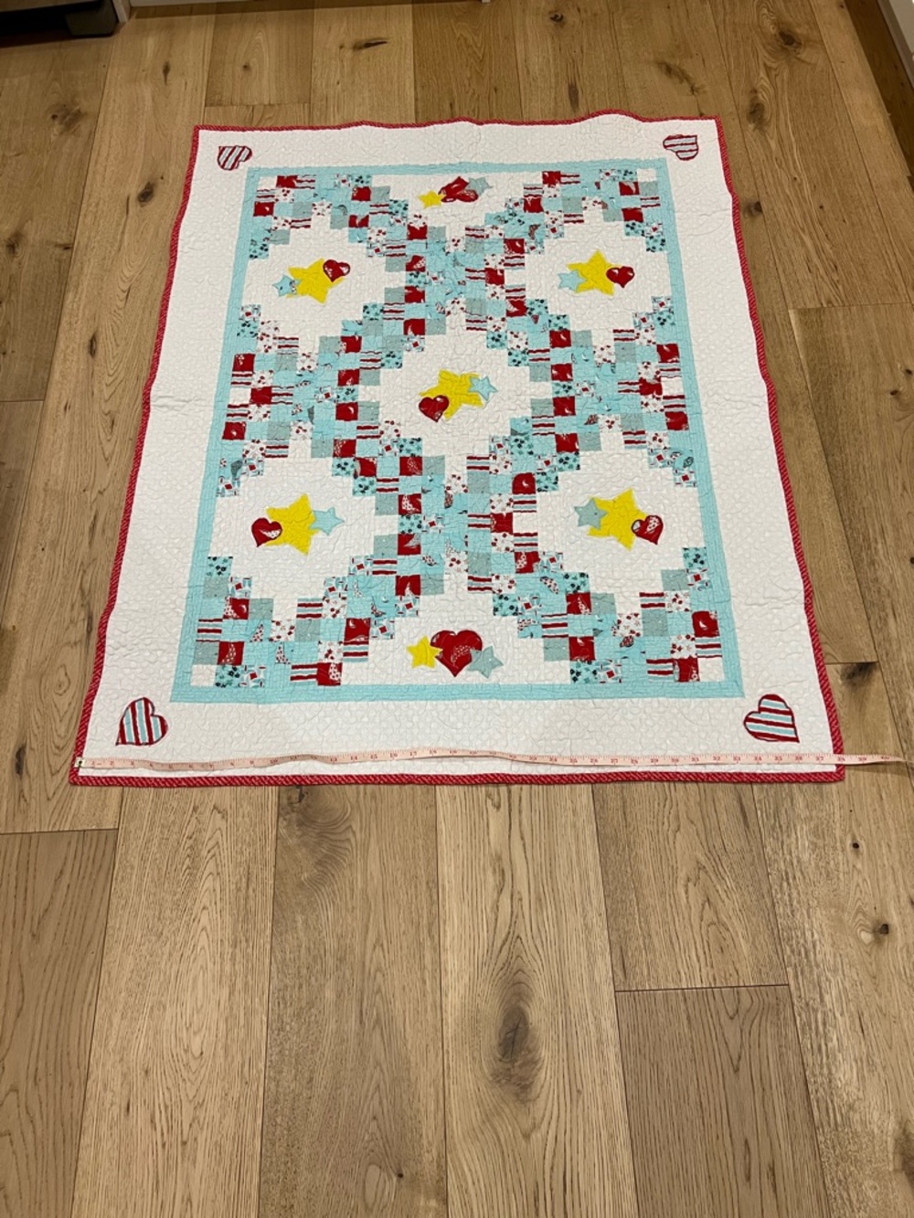 Handmade 38x48 Patchwork Baby Quilt with Red heart Accents